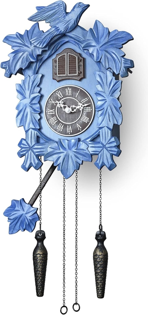 Cuckoo Clock with Night Mode, Hand Carved Decorations and Swinging Pendulum (Blue)
